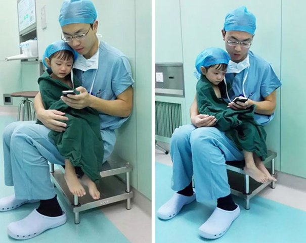 Хирург успокаивает испуганного мальчика перед операцией