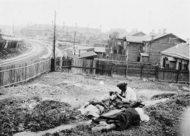 Жертви голоду. Харківщина, 1933 р. Фото з Колекції Кардинала Теодора Інніцира (Архів Віденської Дієцезії). Фото зробив інж. А. Вінербергер. Фотодокументи надані проф. Василем Марочком (Інститут історії України НАН України). – ЦДКФФА України імені Г. С. Пшеничного. Од.зб.5136.